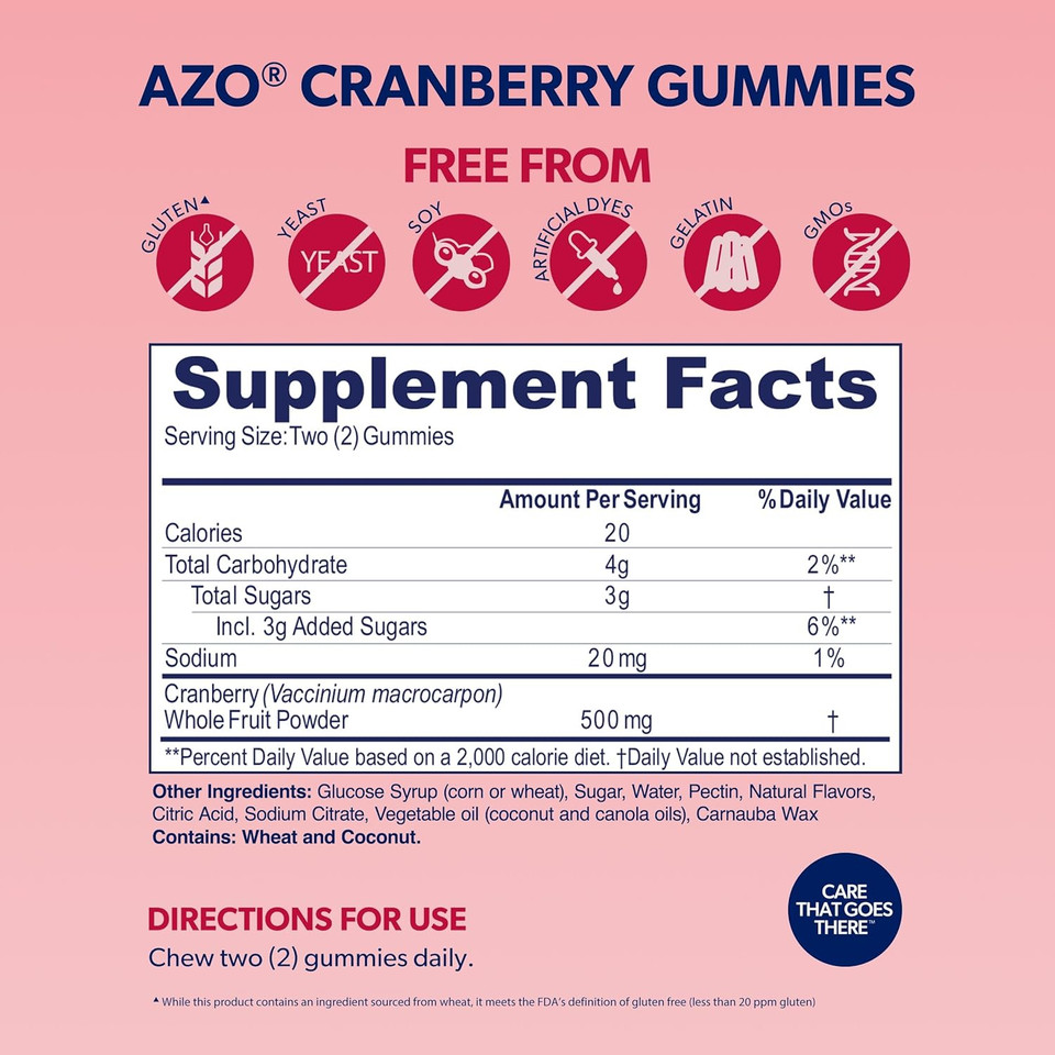 Azo Cranberry Urinary Tract Health Gummies Dietary Supplement 2 Gummies = Glass Cranberry Juice Helps Cleanse Protect Natural Berrylicious Flavor Gummies, Non-Gmo, 40 Count