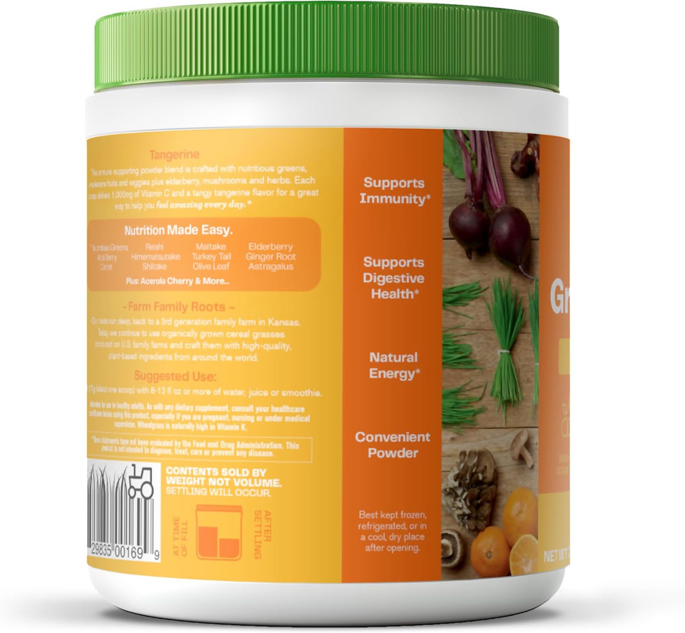 Amazing Grass Greens Superfood For Immune Support: Greens Powder With Organic Spirulina, Chlorella, Beet Root Powder, Digestive Enzymes & Probiotics, Tangerine, 30 Servings