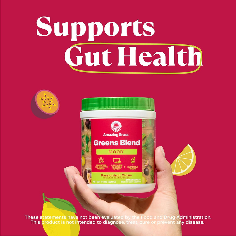 Amazing Grass Greens Blend Mood: Super Greens Powder Smoothie Mix For Mood, Relaxation & Stress Support With Organic Spirulina, Chlorella, Beet Root Powder, Digestive Enzymes & Probiotics, 30 Servings