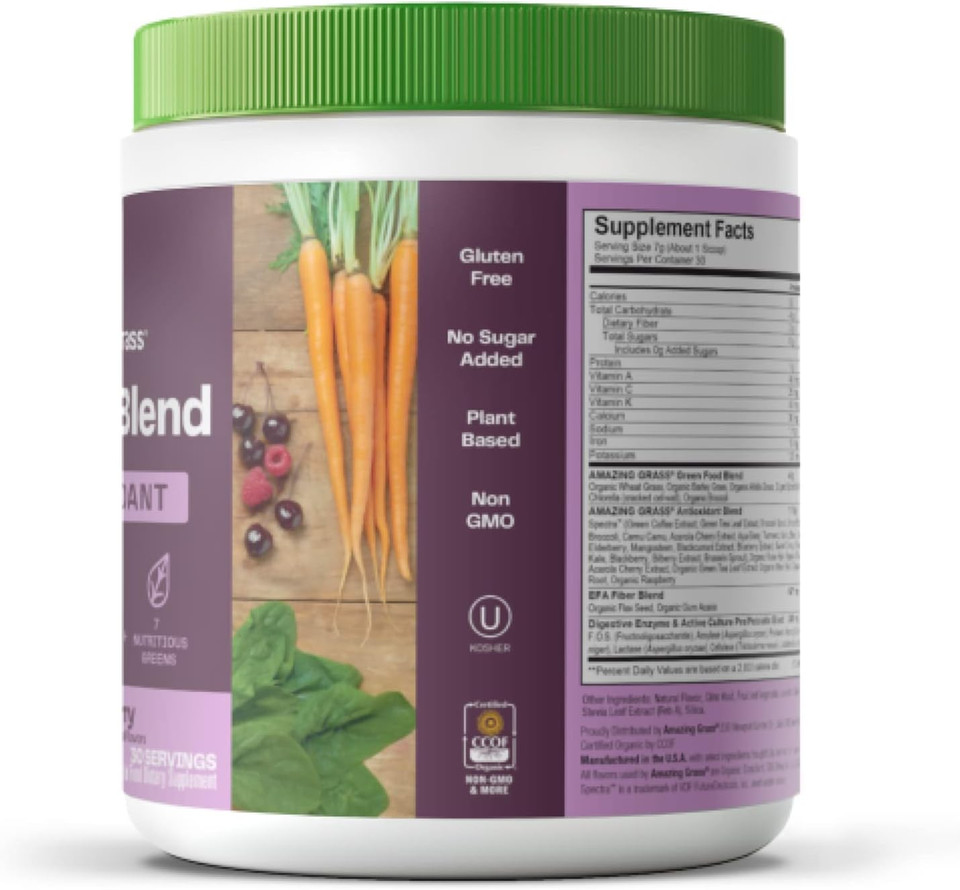 Amazing Grass Greens Superfood Antioxidant: Greens Powder With Organic Spirulina, Beet Root Powder, Elderberry & Probiotics, Sweet Berry, 30 Servings (Packaging May Vary)