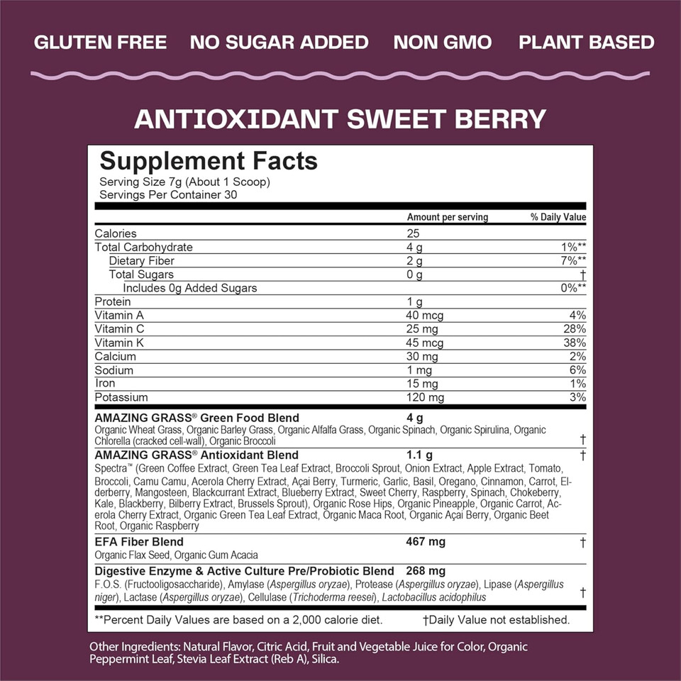 Amazing Grass Greens Superfood Antioxidant: Greens Powder With Organic Spirulina, Beet Root Powder, Elderberry & Probiotics, Sweet Berry, 30 Servings (Packaging May Vary)