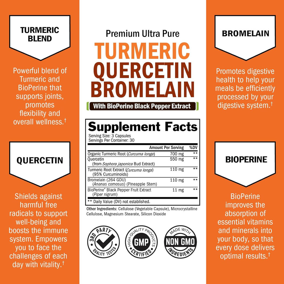 Turmeric Quercetin With Bromelain Supplement - Natural Extra Strength Immune And Joint Support With Bioperine Black Pepper For Max Absorption - Organic Tumeric Bromelain Supplement Vegan Safe, Non-Gmo