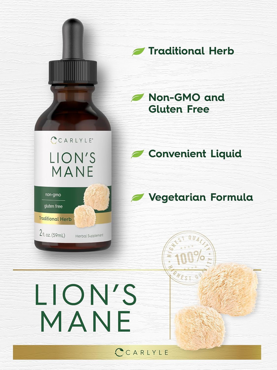 Carlyle Lions Mane Mushroom Supplement | 2 Fl Oz | Liquid Extract Tincture | Vegetarian | Non-Gmo, Gluten Free