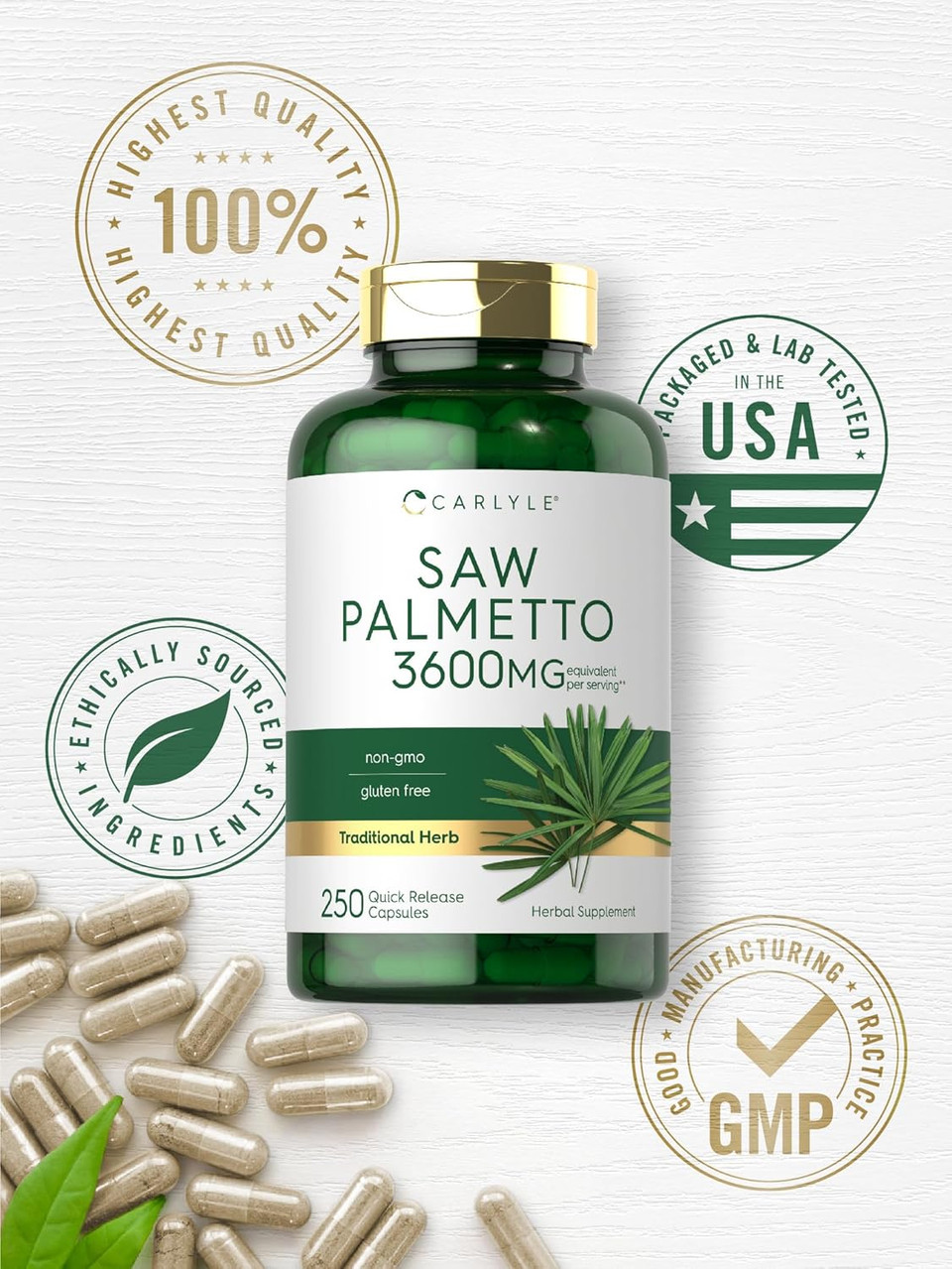 Carlyle Saw Palmetto Extract | 3600Mg | 250 Capsules | Non-Gmo And Gluten Free Formula From Saw Palmetto Berries