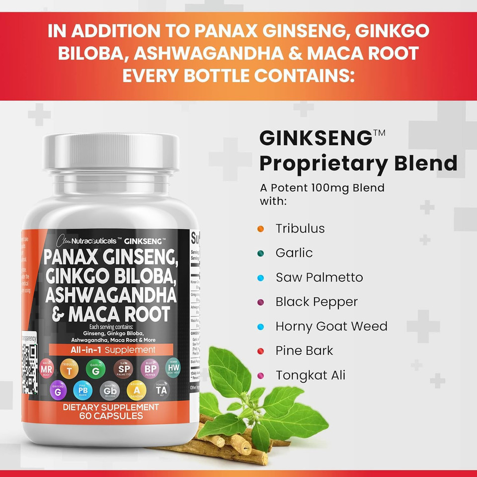 Clean Nutraceuticals Panax Ginseng 10000Mg Ginkgo Biloba 4000Mg Ashwagandha Maca Root 3000Mg - Focus Supplement Pills For Women And Men With Pine Bark Extract, Garlic, And Saw Palmetto - 60 Caps