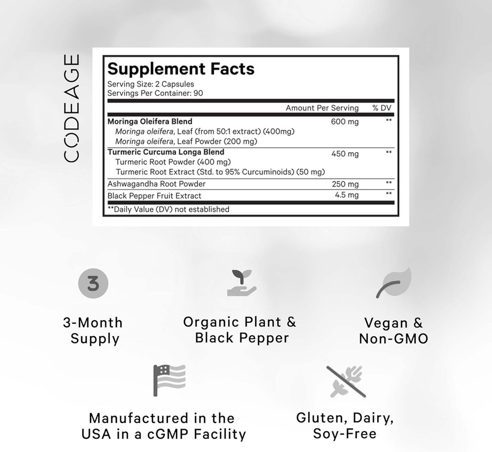 Codeage Liposomal Moringa+ Supplement, 400Mg Moringa 50:1 Extract (20,000Mg Moringa Oleifera Leaf Equivalent), Turmeric, Ashwagandha, Black Pepper, 3-Month Supply, Vegan Moringa Powder - 180 Capsules