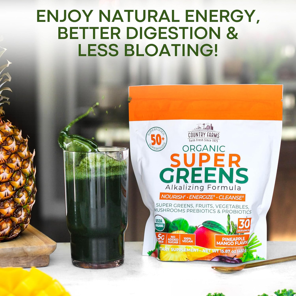 Country Farms Super Greens Pineapple-Mango Flavor, 50 Organic Super Foods, Usda Organic Drink Mix (Wheat Grass, Spirulina, Chlorella) Mushrooms & Probiotics, Natural Energy, 30 Servings