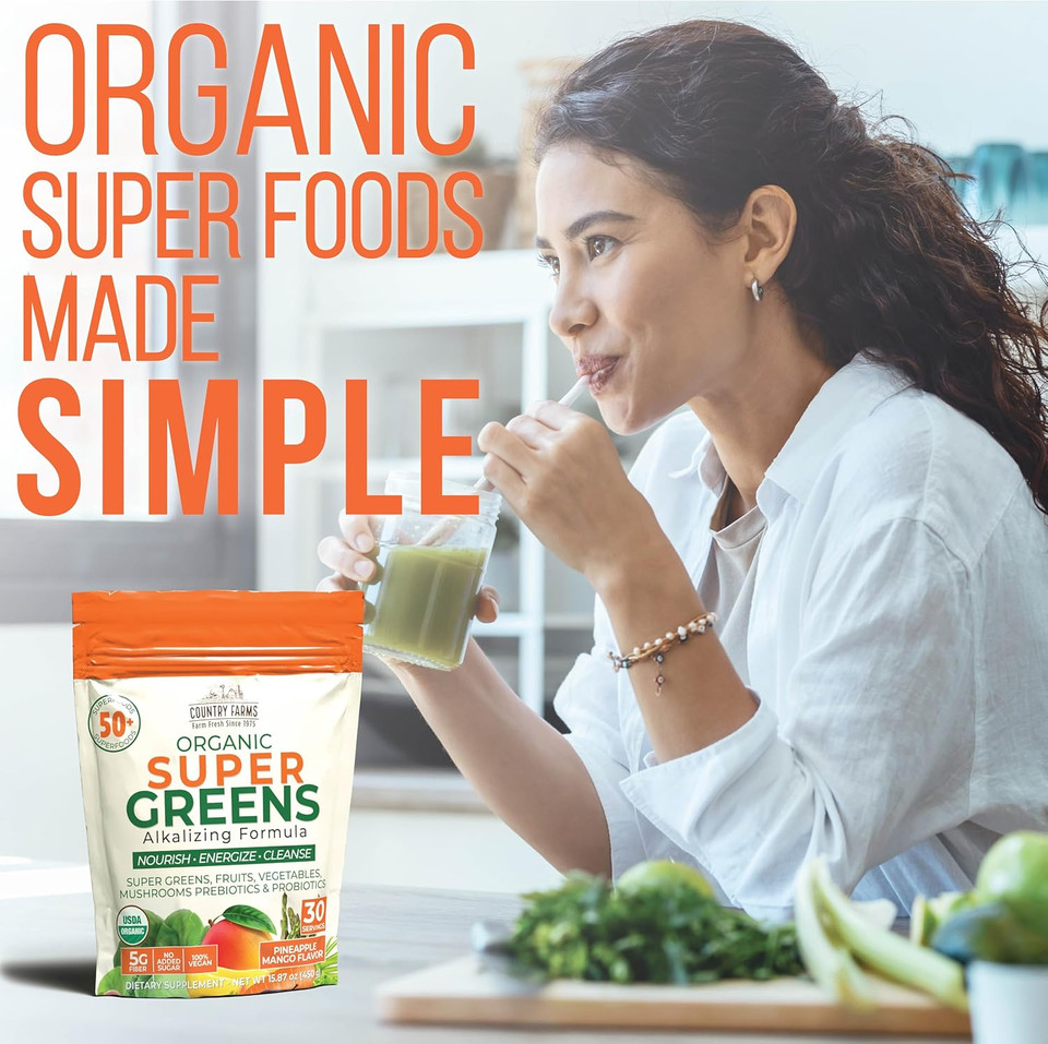 Country Farms Super Greens Pineapple-Mango Flavor, 50 Organic Super Foods, Usda Organic Drink Mix (Wheat Grass, Spirulina, Chlorella) Mushrooms & Probiotics, Natural Energy, 30 Servings