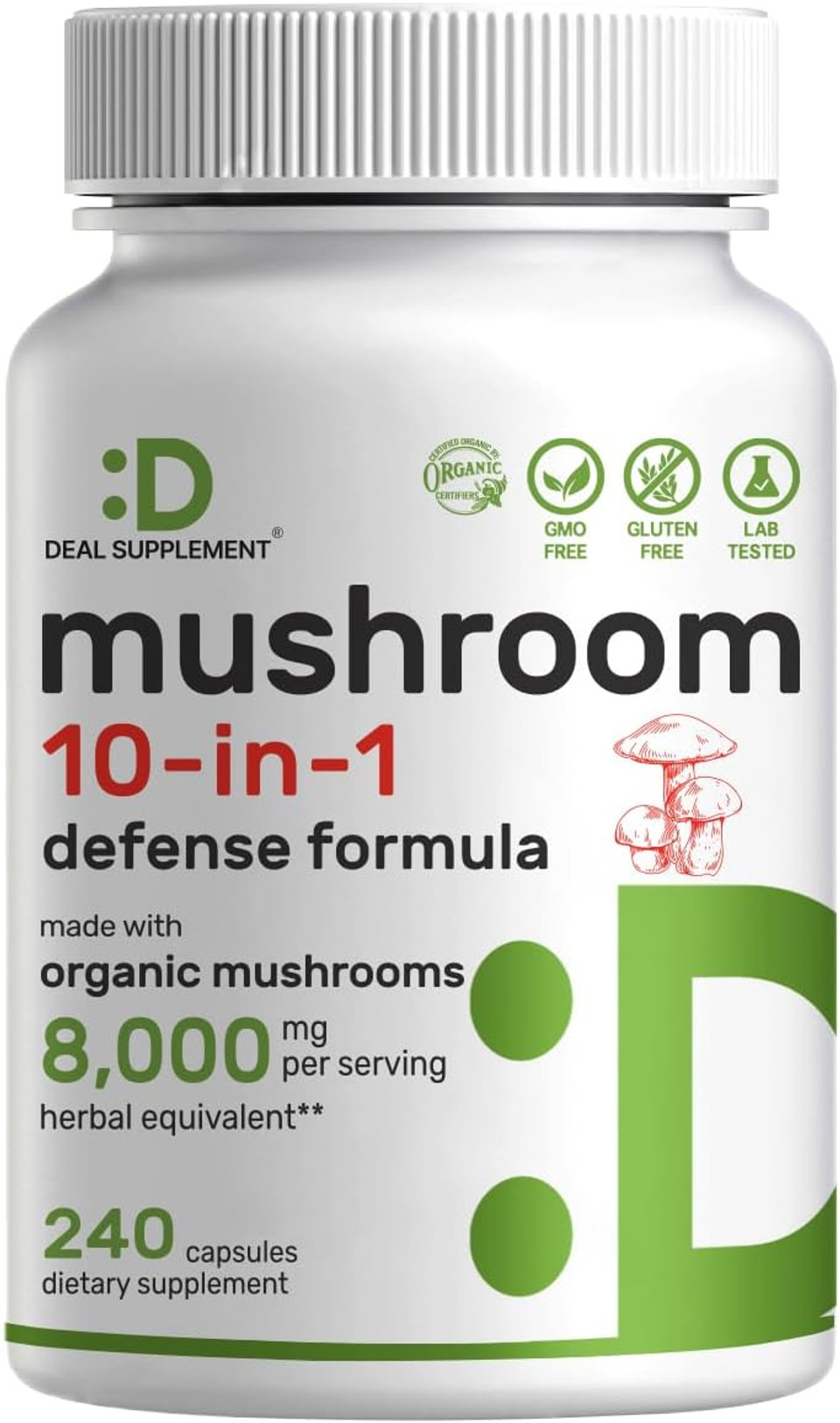 Organic Mushroom Supplement, 8,000Mg Per Serving, 240 Capsules  10 In 1 Defense Formula  Turkey Tail, Lions Mane, Cordyceps, Chaga, & More  Immune, Energy, & Brain Support  Non-Gmo