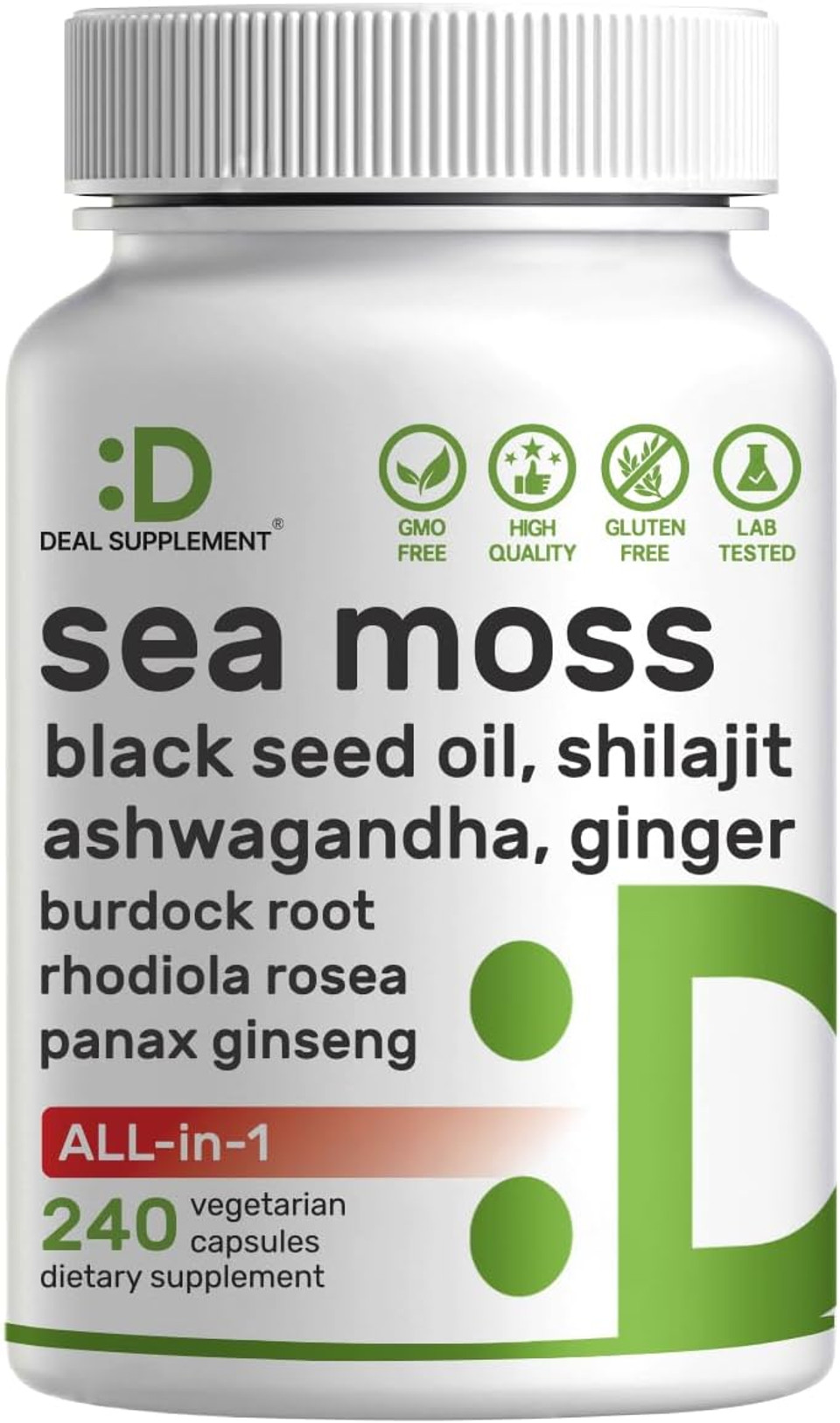 Irish Sea Moss 7000Mg Per Serving, 240 Veggie Capsules  14 Superfood Complex  3000Mg Black Seed Oil, 2000Mg Ashwagandha, 600Mg Ginger, 5000Mg Shilajit, 600Mg Bladderwarck, Turmeric, Noni & More
