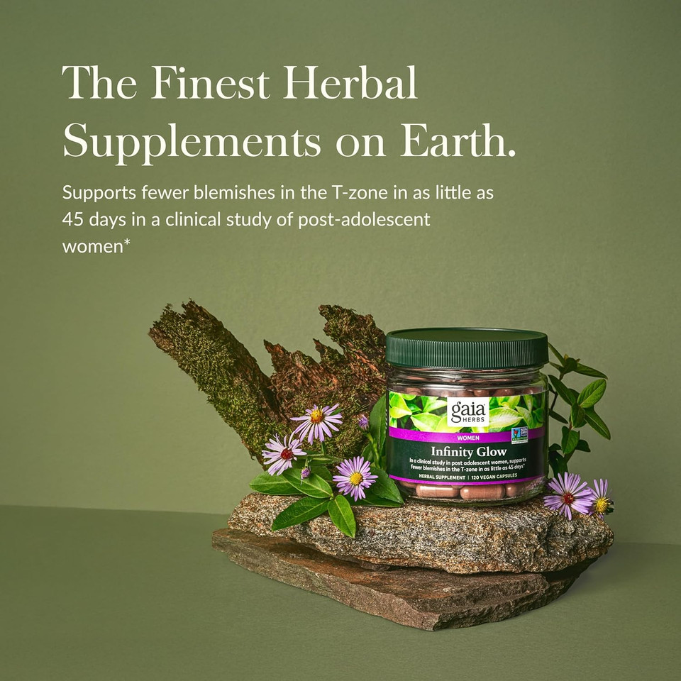 Gaia Herbs Infinity Glow - Women'S Skin Support Supplement - Skin Care For Women With Green Tea, Egcg, Reishi Mushroom, Pomanox Pomegranate & Spearmint - 120 Vegan Capsules (30-Day Supply)