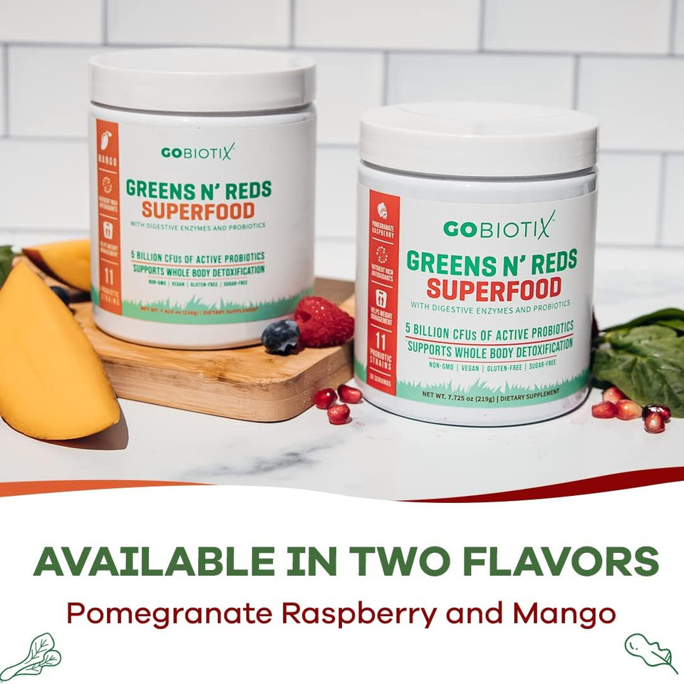 Gobiotix Super Greens And Reds Powder - Red And Green Superfood - Probiotic Supplement - Digestive Enzymes And Beet Root Powder - Organic Whole Foods Dietary Supplement (Mango, 1 Pack)