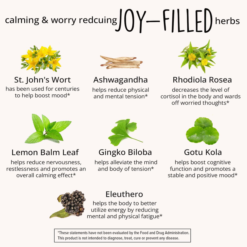 Joy-Filled Mood Support Supplement With St. Johns Wort | Stress Relief Supplement - Helps Calm The Mind & Body | 100% Plant-Based, Ashwagandha, Rhodiola Rosea, Eleuthero | Herbal, 60 Ct