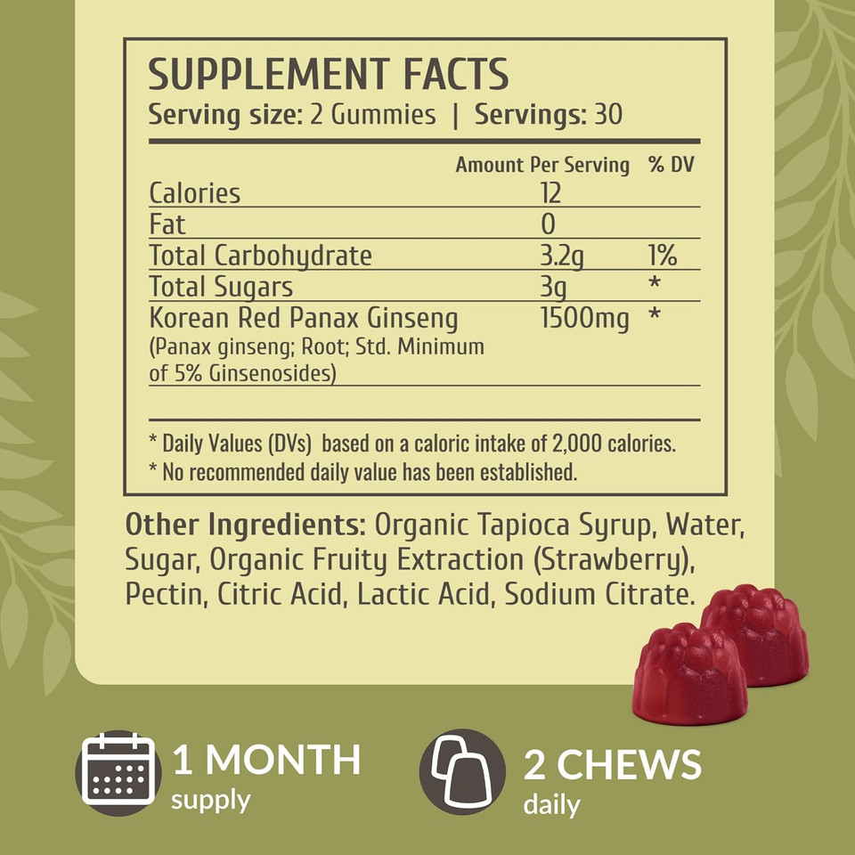 Herbamama Korean Red Ginseng Gummies - 1500 Mg Red Panax Ginseng Root Energy Supplements - Ginseng Supplement For Men And Women - Vegan, Gelatin-Free, Non-Gmo - 60 Strawberry-Flavored Chews