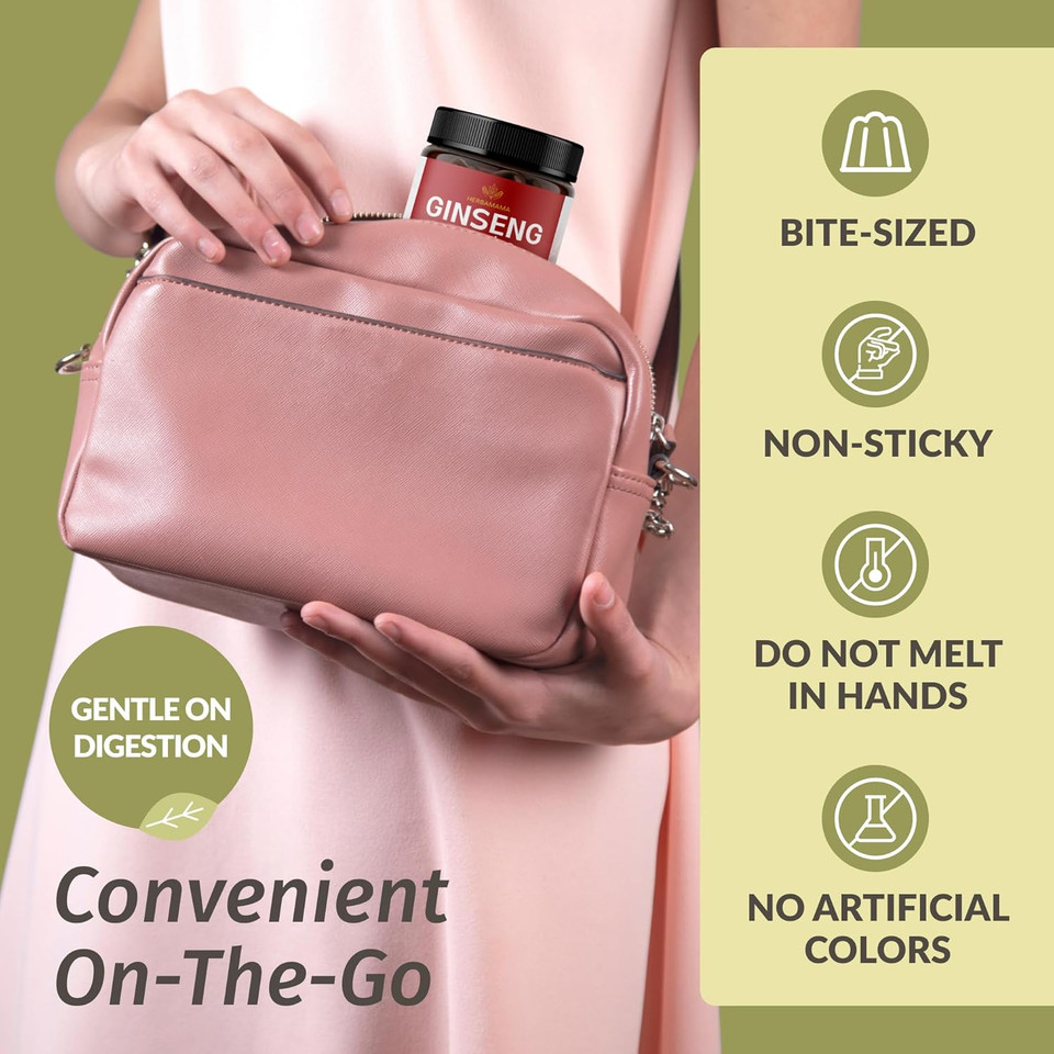 Herbamama Korean Red Ginseng Gummies - 1500 Mg Red Panax Ginseng Root Energy Supplements - Ginseng Supplement For Men And Women - Vegan, Gelatin-Free, Non-Gmo - 60 Strawberry-Flavored Chews