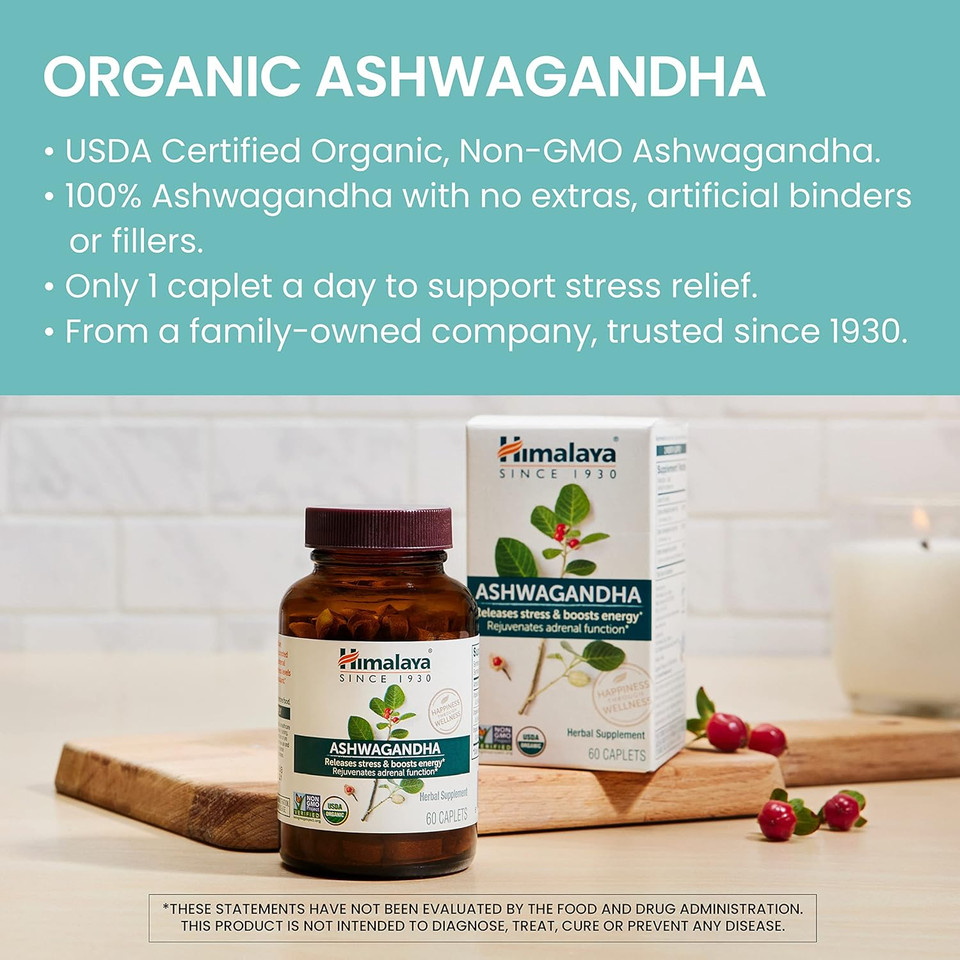 Himalaya Organic Ashwagandha, 120 Day Supply, Herbal Supplement For Stress Relief, Energy Support, Occasional Sleeplessness, Usda Organic, Non-Gmo, Vegan, Gluten Free, 670 Mg, 60 Caplets, 2 Pack