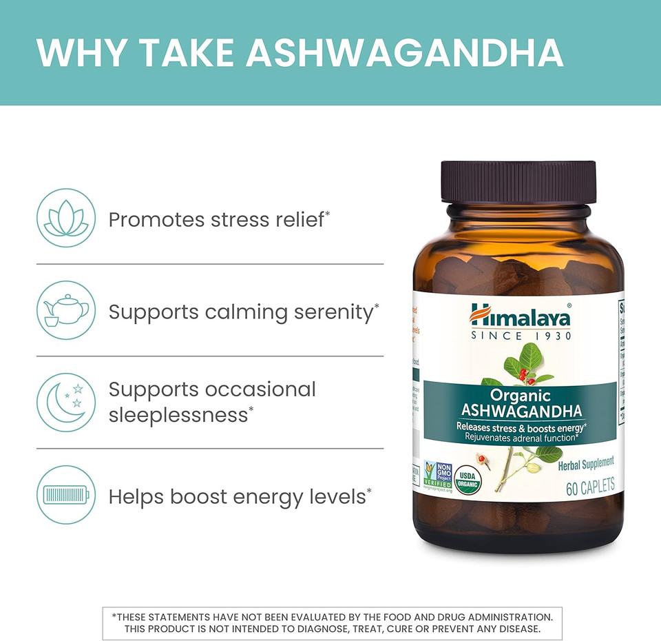 Himalaya Organic Ashwagandha, 120 Day Supply, Herbal Supplement For Stress Relief, Energy Support, Occasional Sleeplessness, Usda Organic, Non-Gmo, Vegan, Gluten Free, 670 Mg, 60 Caplets, 2 Pack