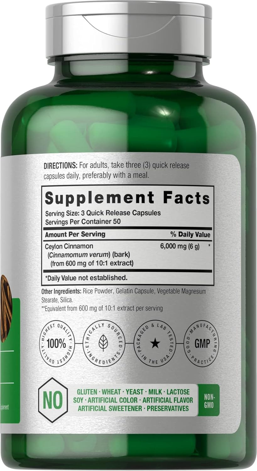 Horbäach Ceylon Cinnamon Capsules | 6000 Mg | 150 Count | Non-Gmo & Gluten Free Supplement