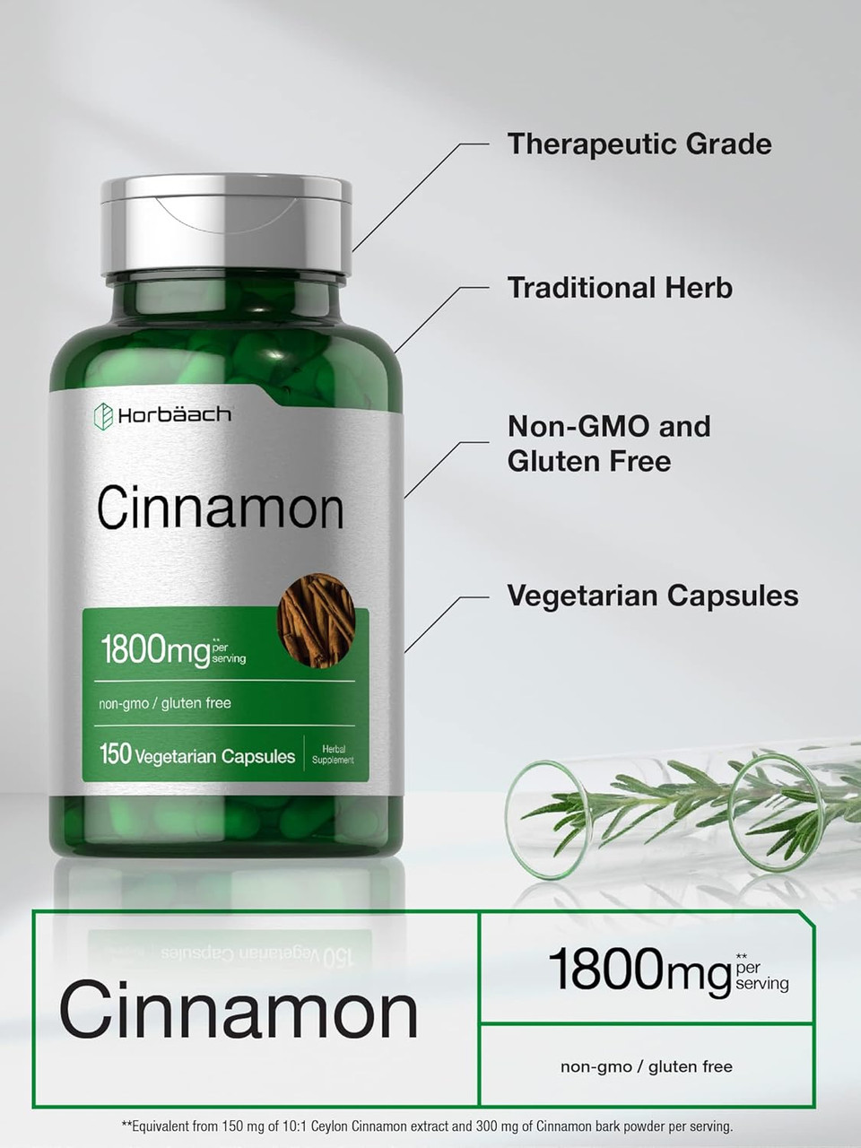 Horbaach Cinnamon Capsules 1800Mg | 150 Count | Ceylon Cinnamon Supplement | Vegetarian, Non-Gmo, Gluten Free