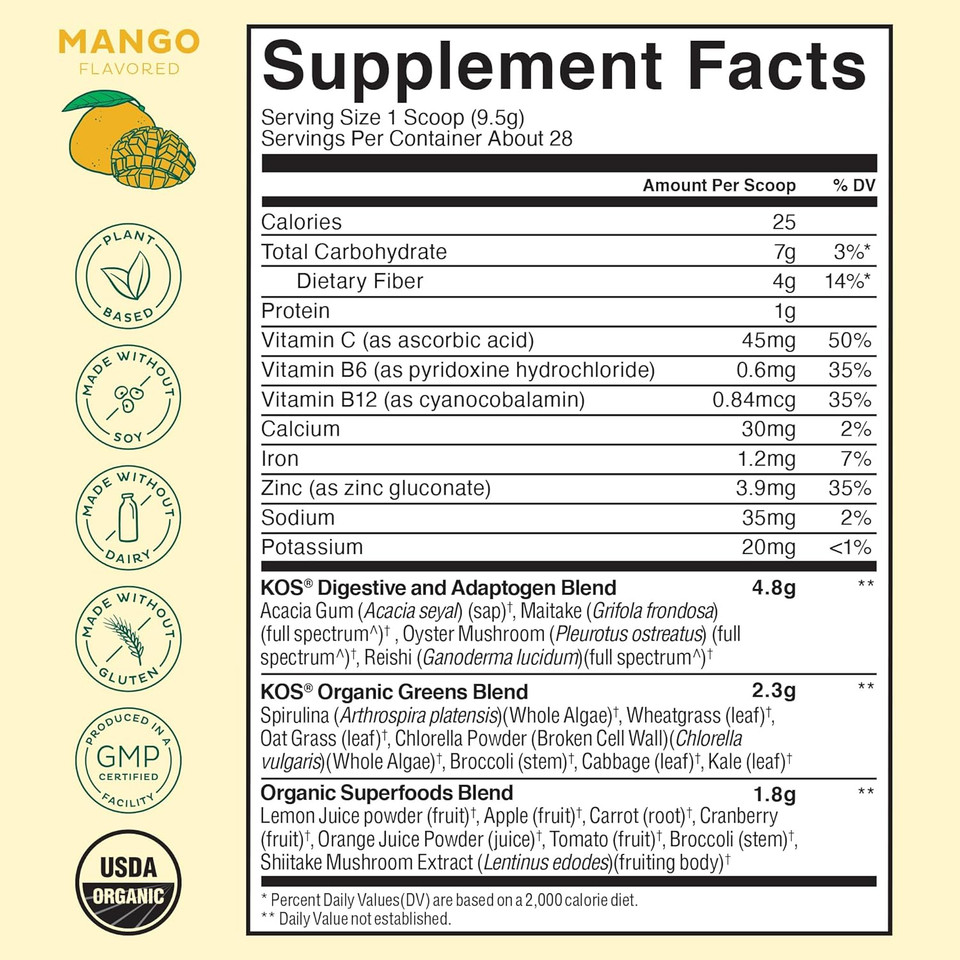 Kos Organic Superfood Greens Powder - Gut Health From Prebiotic Fiber, Supergreens And Adaptogens - Usda Certified Organic, Made In A Gmp Certified Facility - 28 Servings Mango