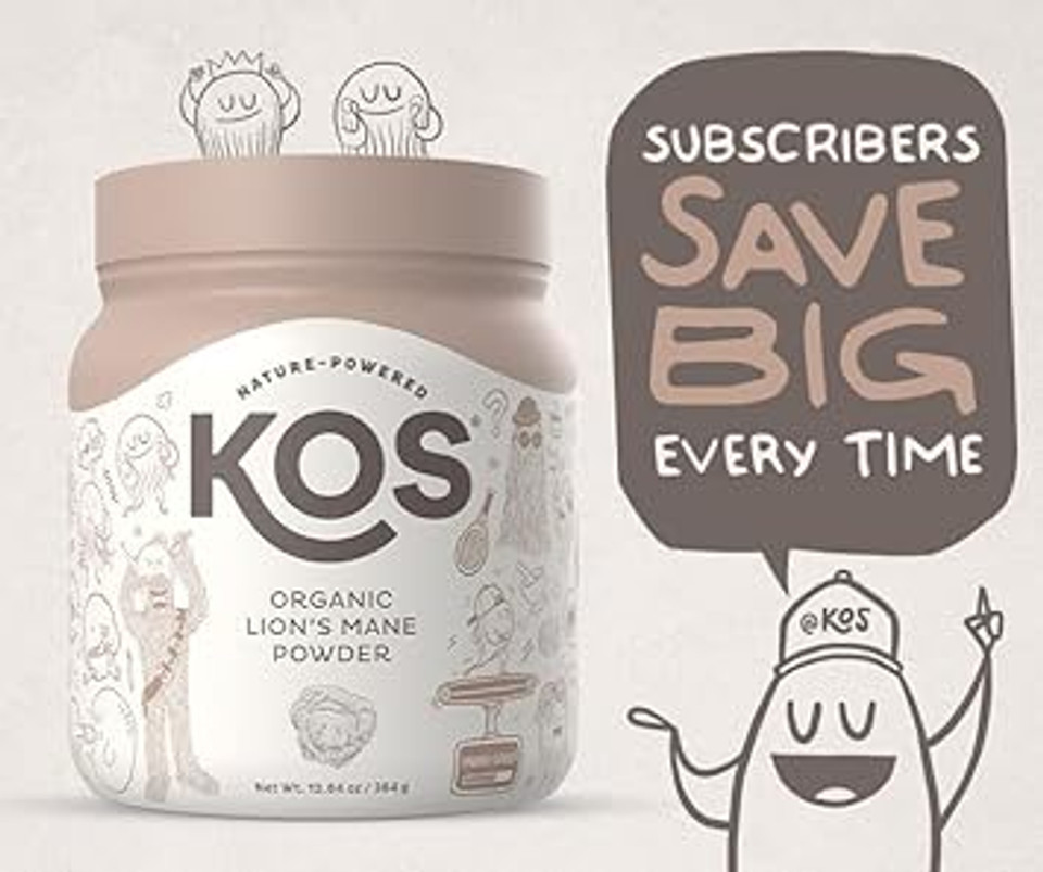 Kos Organic Lion'S Mane Powder - Natural Nootropic Superfood - Vegan Functional Mushroom, Plant Based, Usda Certified, Non-Gmo, Soy & Gluten-Free - 104 Servings