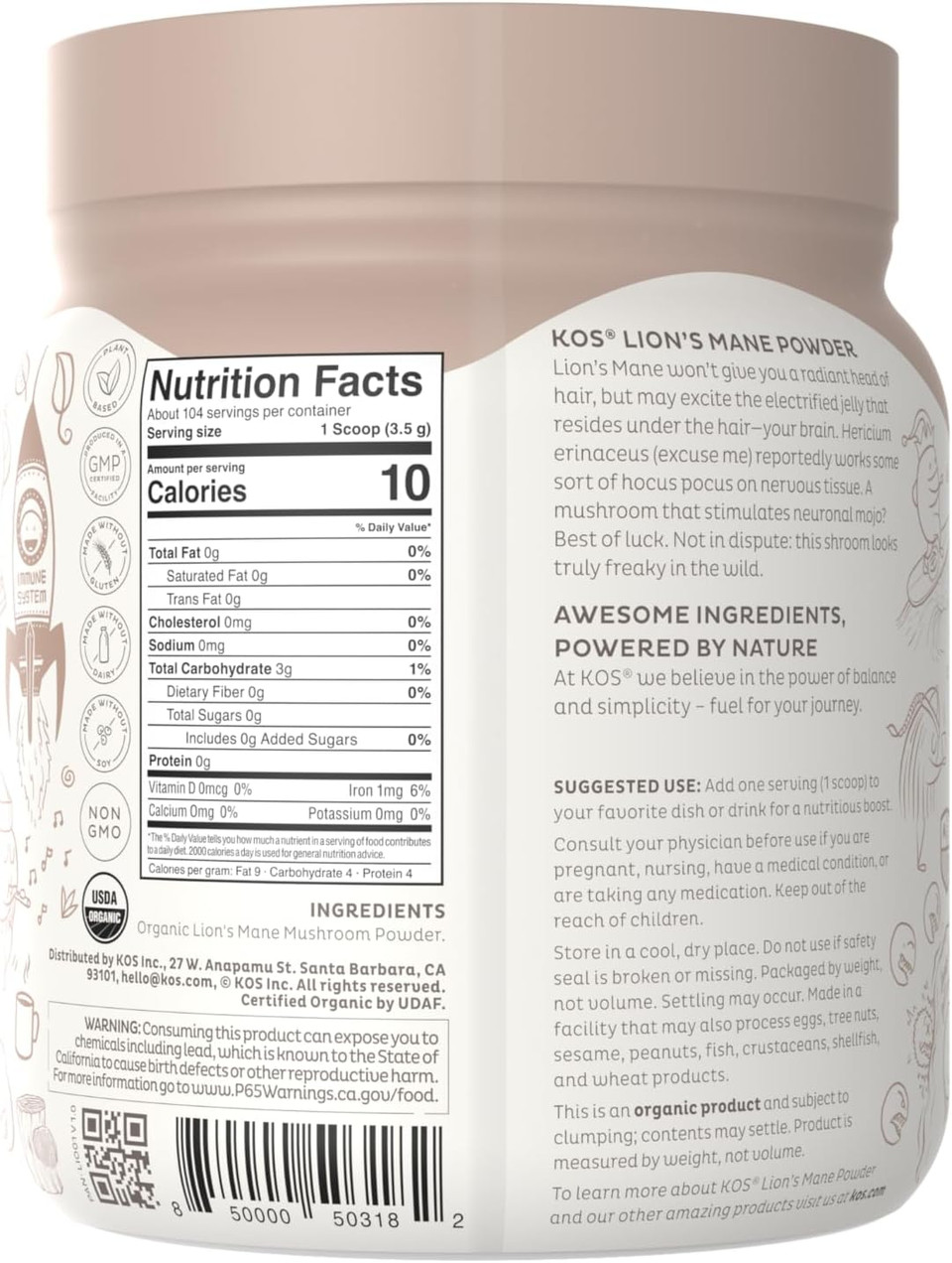 Kos Organic Lion'S Mane Powder - Natural Nootropic Superfood - Vegan Functional Mushroom, Plant Based, Usda Certified, Non-Gmo, Soy & Gluten-Free - 104 Servings