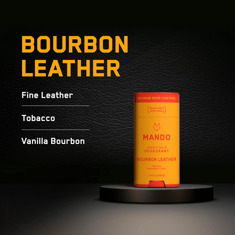 Mando Whole Body Deodorant For Men - Smooth Solid Stick - 72 Hour Odor Control - Aluminum Free, Baking Soda Free, Skin Safe - 2.6 Ounce (Pack Of 1) - Bourbon Leather2.6 Ounce (Pack Of 1)