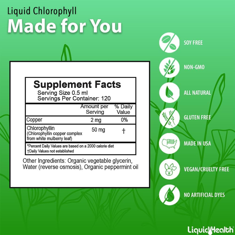 Liquidhealth Liquid Chlorophyll Drops - Internal Deodorizer, Antioxidants, Liver Detox, Immune Support, Relieve Bad Breath, Reduce Appetite, Collagen For Hair & Skin Health - Vegan, Non-Gmo (2 Pack)