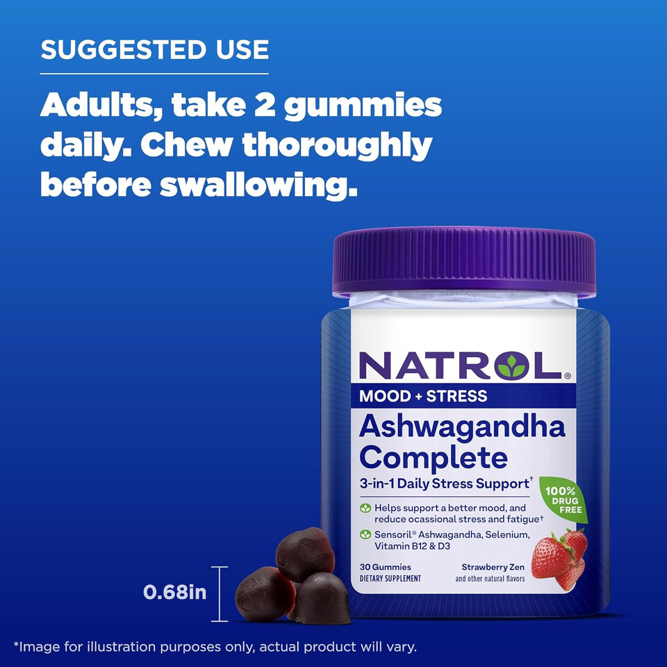 Natrol Ashwagandha Complete, 3-In-1 Daily Stress Support Gummies, Stress And Mood Support Supplement, 30 Strawberry Zen-Flavored Ashwagandha Gummies, 15 Day Supply Natrol Ashwagandha Complete, 3-In-1 Daily Stress Support Gummies, Stress And Mood Support Supplement, 30 Strawberry Zen-Flavored Ashwagandha Gummies, 15 Day Supply
