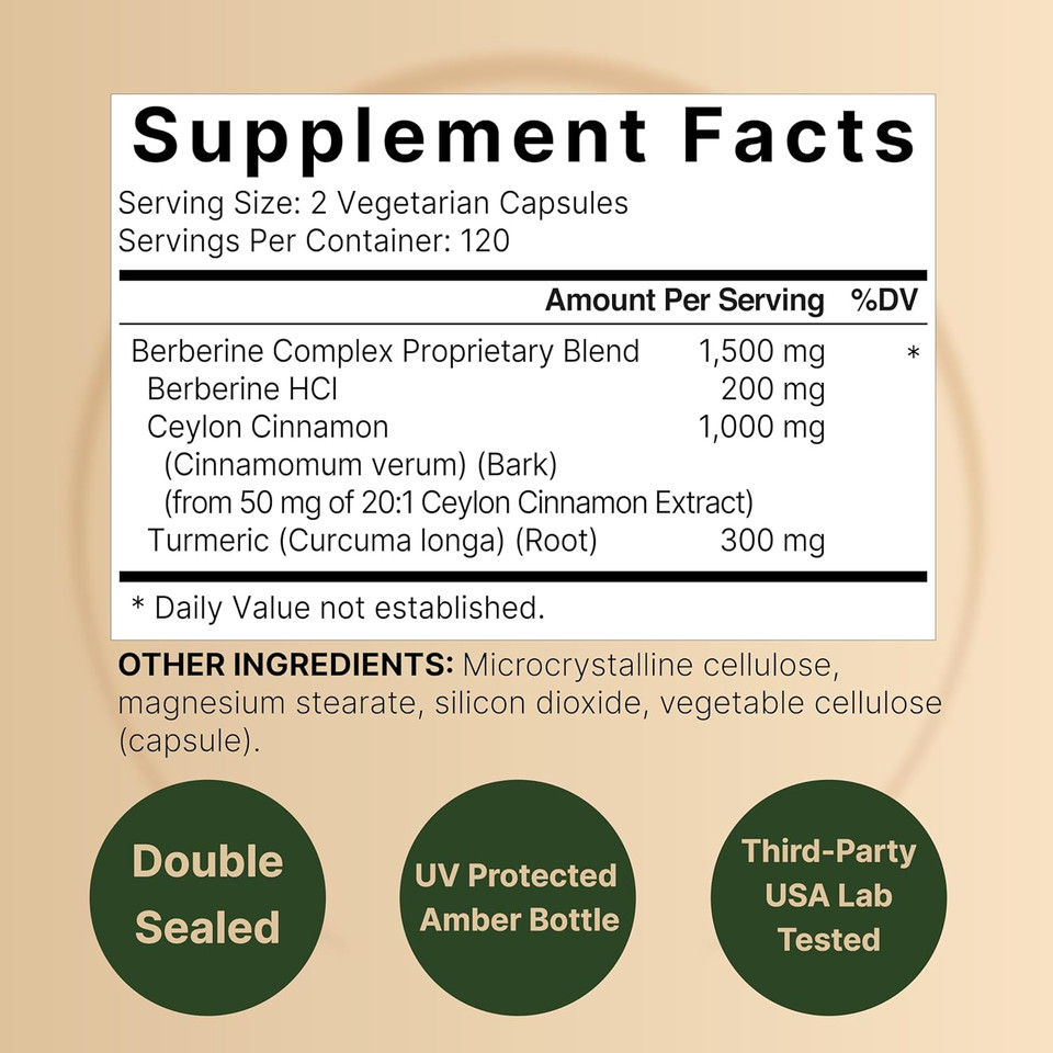 Berberine Supplement | Plus True Ceylon Cinnamon & Turmeric Root  97% Berberine Hcl  Veggie Capsules, Plant-Based, Vegan, Non-Gmo
