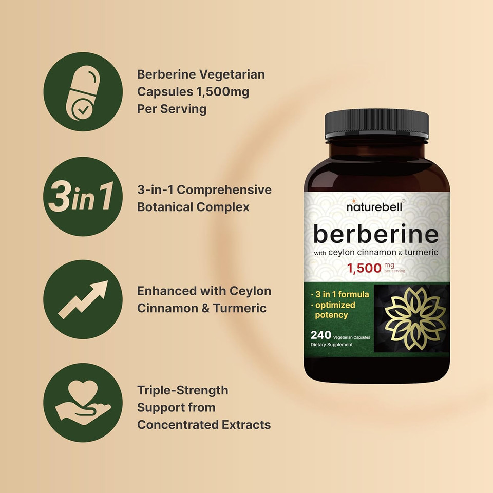Berberine Supplement | Plus True Ceylon Cinnamon & Turmeric Root  97% Berberine Hcl  Veggie Capsules, Plant-Based, Vegan, Non-Gmo