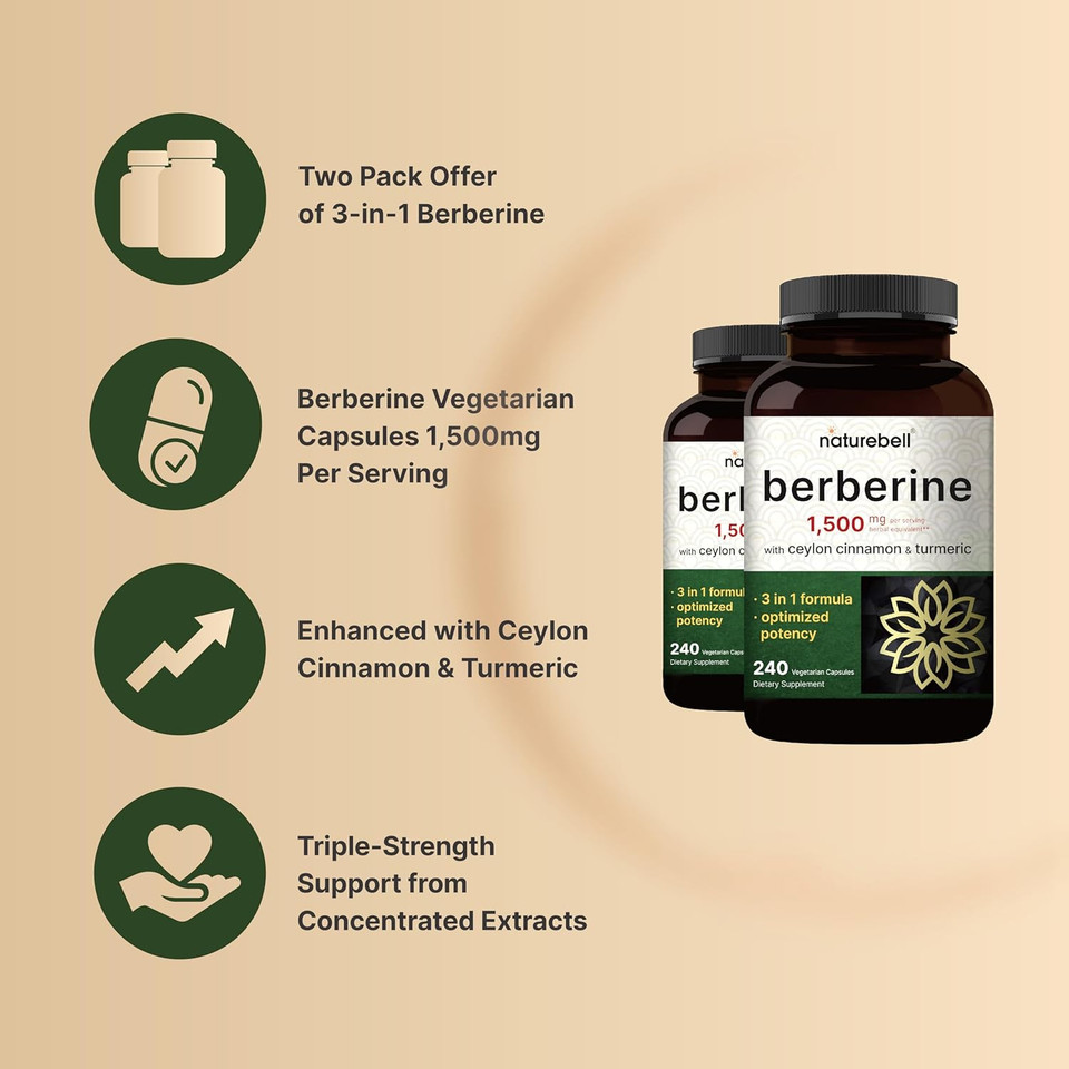 2 Pack Berberine Supplement 1500Mg, 480 Veggie Capsules | Plus 1000Mg True Ceylon Cinnamon & 300Mg Turmeric  97% Berberine Hcl  Plant-Based, Vegan, Non-Gmo