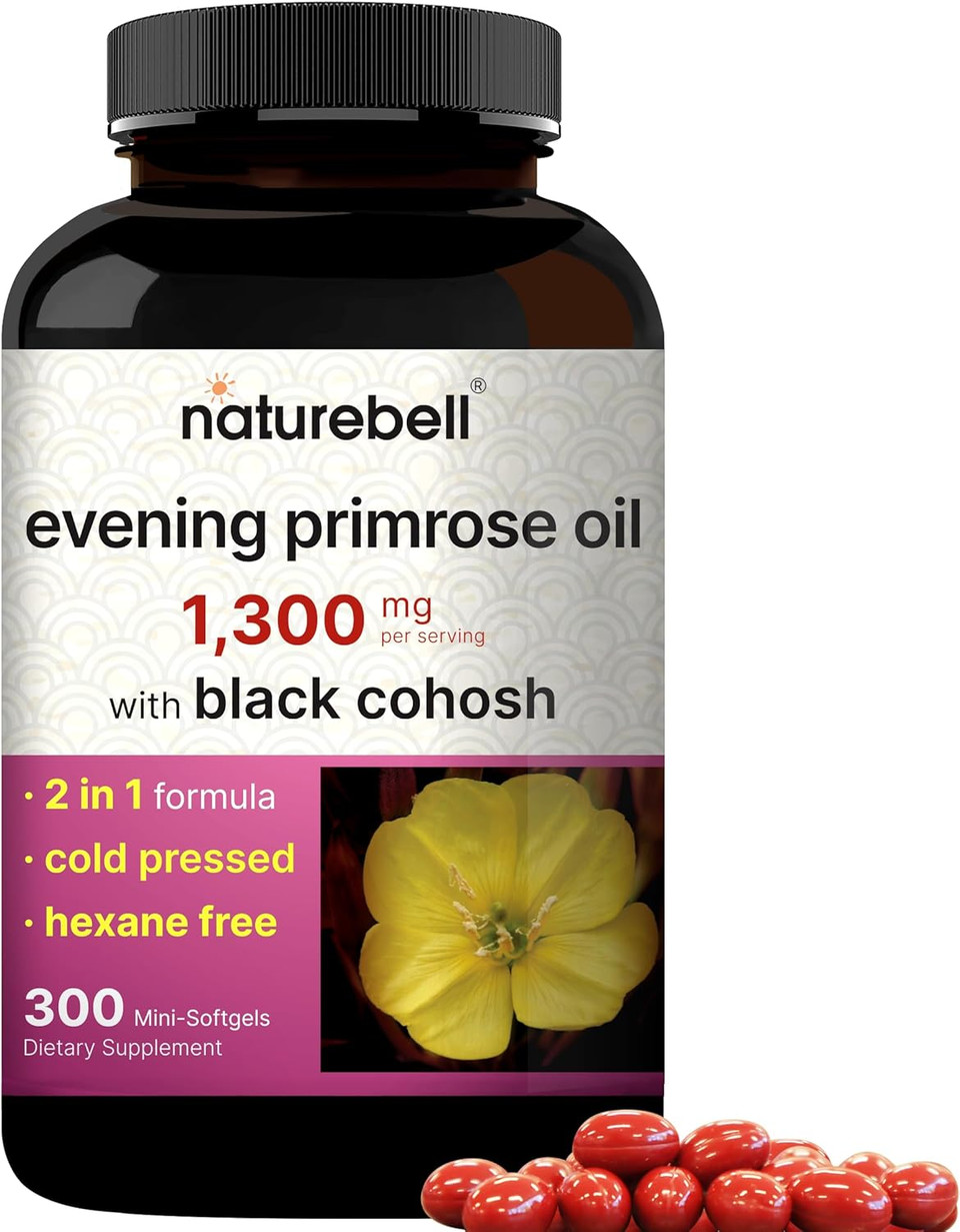 Naturebell Evening Primrose Oil With Black Cohosh, 1,300Mg Per Serving, 300 Mini-Softgels | Cold Pressed Seeds, Retains 130Mg Gla For Womens Health & Skin Care Support  Hexane Free, Non-Gmo