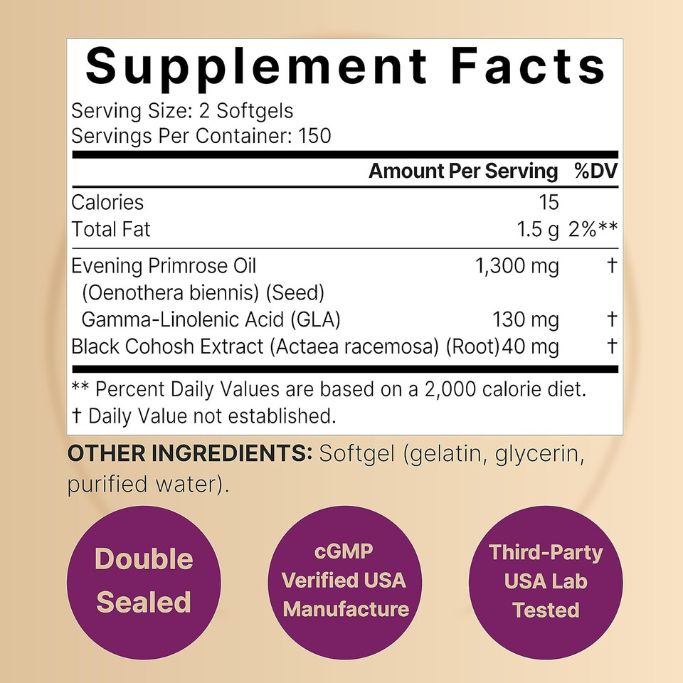 Naturebell Evening Primrose Oil With Black Cohosh, 1,300Mg Per Serving, 300 Mini-Softgels | Cold Pressed Seeds, Retains 130Mg Gla For Womens Health & Skin Care Support  Hexane Free, Non-Gmo