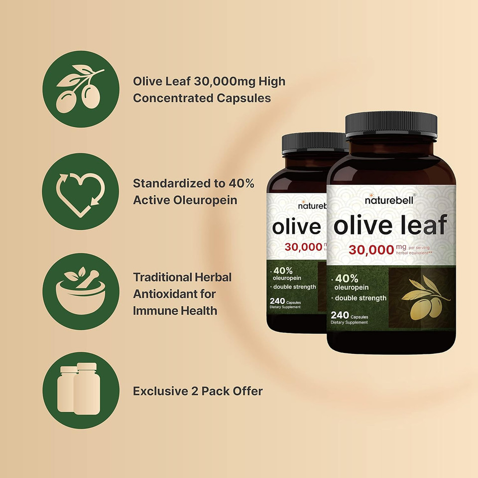 2 Pack Olive Leaf Extract 30000Mg, 480 Total Capsules | 40% Active Oleuropein, 50:1 Herbal Equivalent  Rich In Polyphenol & Flavonoid Antioxidants For Immune & Heart Health  Non-Gmo