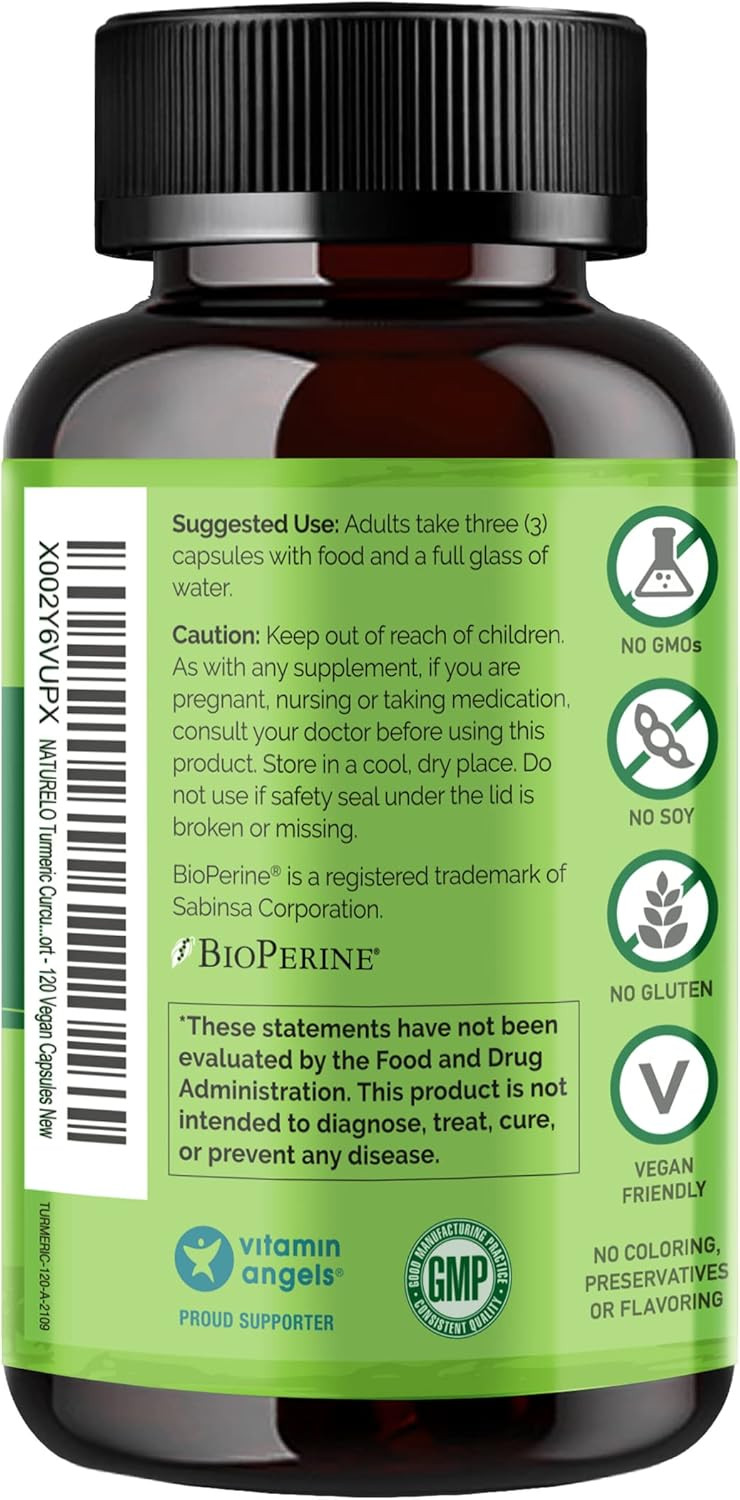 Naturelo Turmeric Curcumin - Bioperine For Better Absorption - Curcuminoids, Black Pepper, Ginger Powder - Plant-Based Joint Support - 120 Vegan Capsules