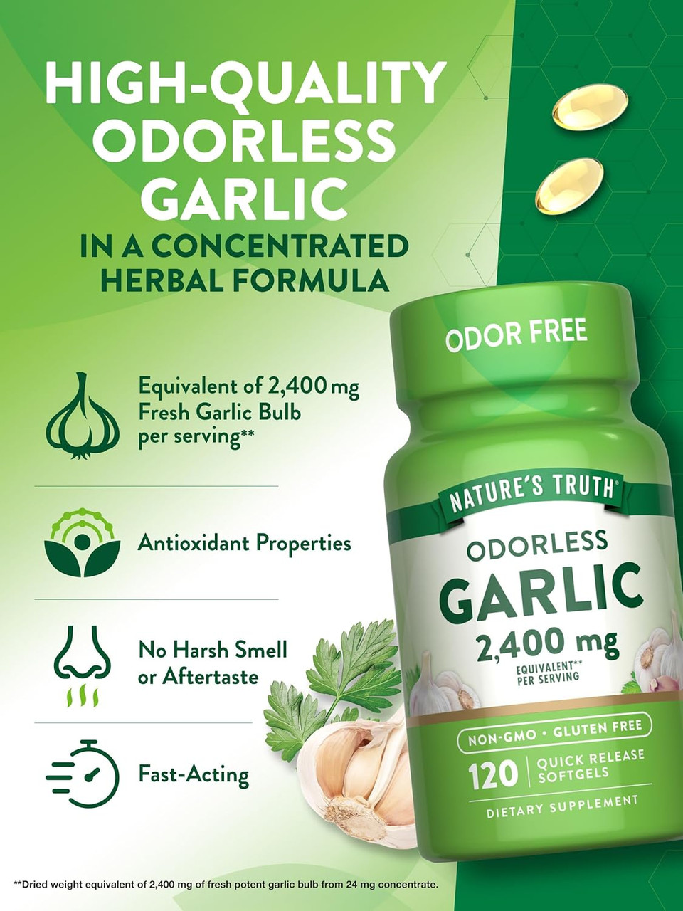 Odorless Garlic 2400 Mg | 120 Softgel Capsules | High Strength Extract Pills | Non-Gmo, Gluten Free Supplement | By Nature'S Truth