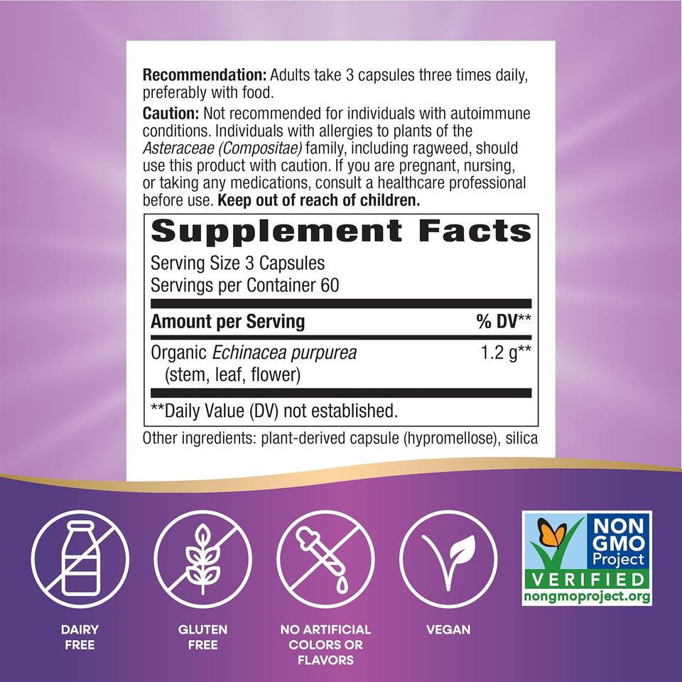 Nature'S Way Echinacea Purpurea Herb, Immune Support*, 1,200 Mg Per 3- Capsule Serving, Non-Gmo Project Verified, Vegan, 180 Capsules (Packaging May Vary)