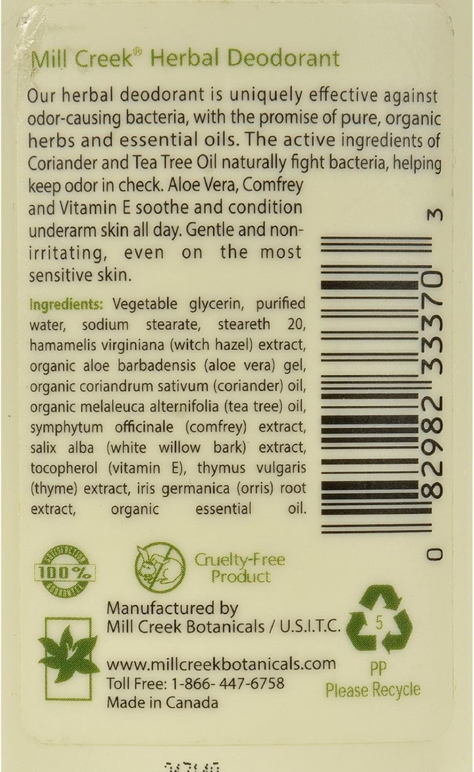 Mill Creek Deodorant Herbal (Natural & Organic) - 2.5Oz