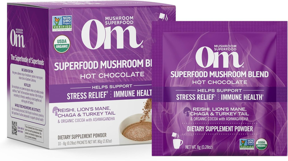Om Mushroom Superfood Hot Chocolate Blend Mushroom Powder, Single Serve, 10 Count, Dutch Cocoa, 2G Of Sugar, 25 Calories, Lion'S Mane, Reishi, Chaga, Turkey Tail, Focus And Stress Support Om Mushroom Superfood Hot Chocolate Blend Mushroom Powder, Single Serve, 10 Count, Dutch Cocoa, 2G Of Sugar, 25 Calories, Lion'S Mane, Reishi, Chaga, Turkey Tail, Focus And Stress Support