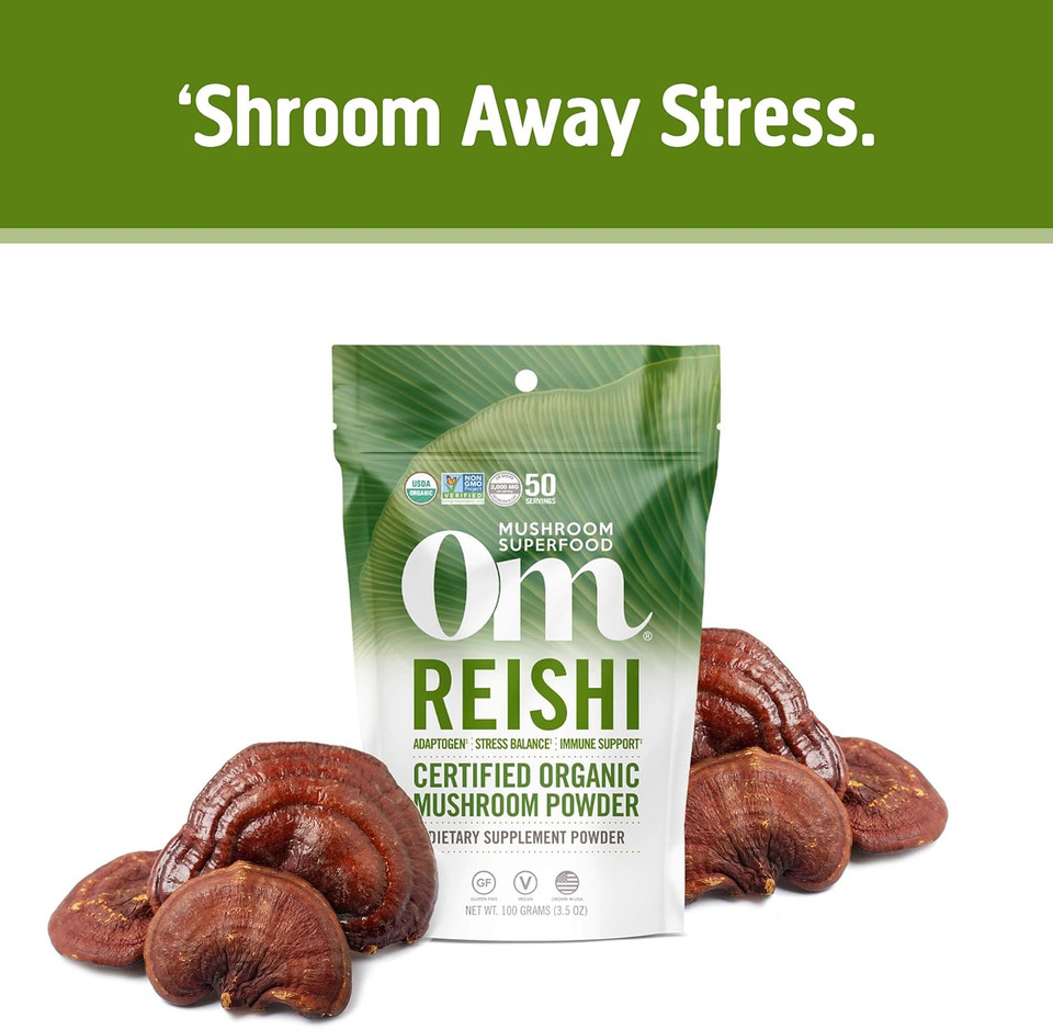 Om Mushroom Superfood Reishi Organic Mushroom Powder, 3.5 Ounce, 50 Servings, Adaptogen, Stress & Immune Support, Superfood Mushroom Supplement