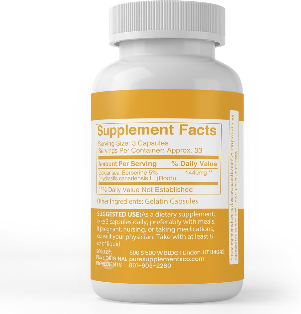 Pure Original Ingredients Goldenseal Berberine, Always Pure, No Additives Or Fillers, Lab Verified (100 Count)