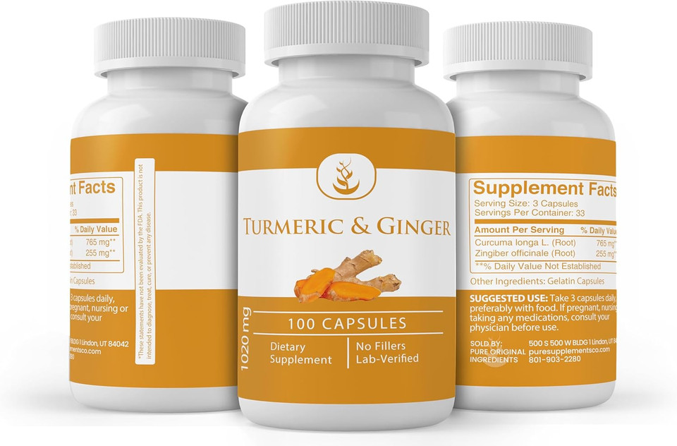 Pure Original Ingredients Turmeric Curcumin & Ginger, (100 Capsules) Always Pure, No Additives Or Fillers, Lab Verified (100 Capsules)