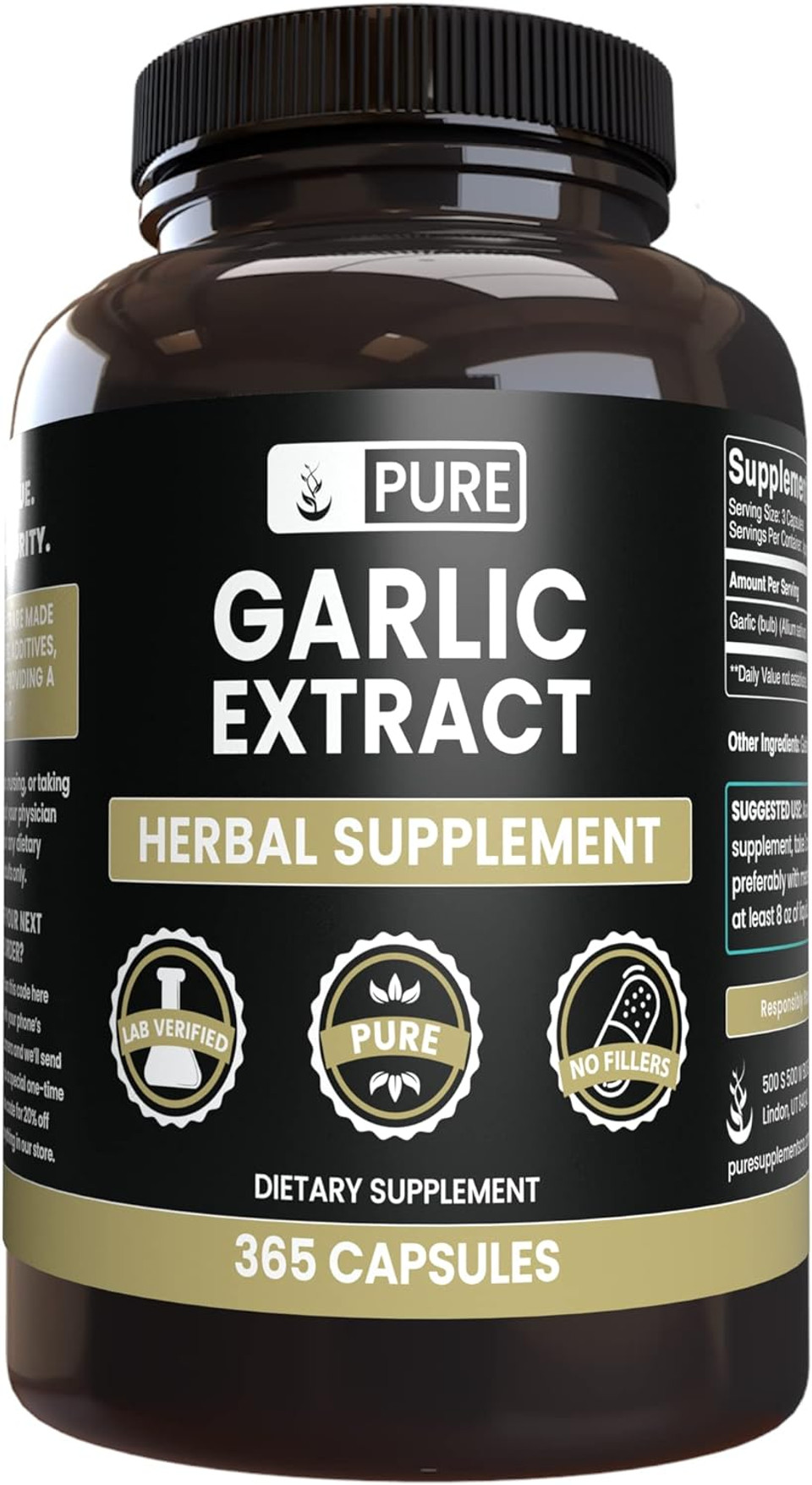Pure Original Ingredients Garlic Extract (365 Capsules) No Magnesium Or Rice Fillers, Always Pure, Lab Verified