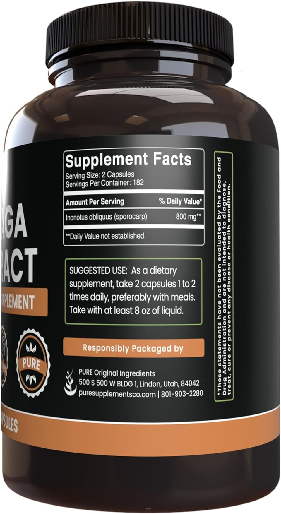 Pure Original Ingredients Chaga Mushroom Extract (365 Capsules) No Magnesium Or Rice Fillers, Always Pure, Lab Verified