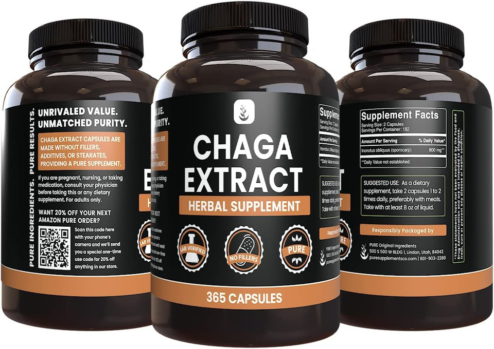 Pure Original Ingredients Chaga Mushroom Extract (365 Capsules) No Magnesium Or Rice Fillers, Always Pure, Lab Verified