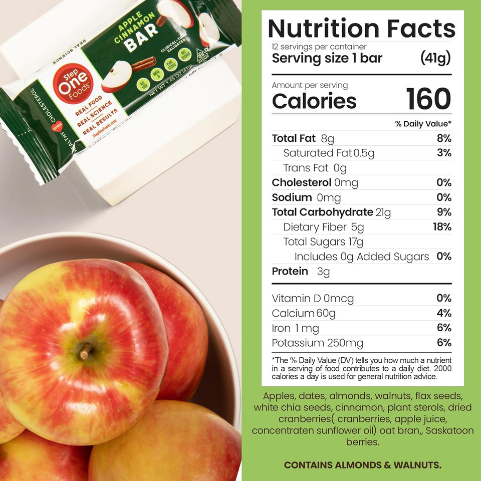 Step One Foods Apple Cinnamon Bars, Heart Healthy Snack Plant Sterols, Omega 3'S And Dietary Fiber Gluten Free Vegan Granola Bar (12 Pack)