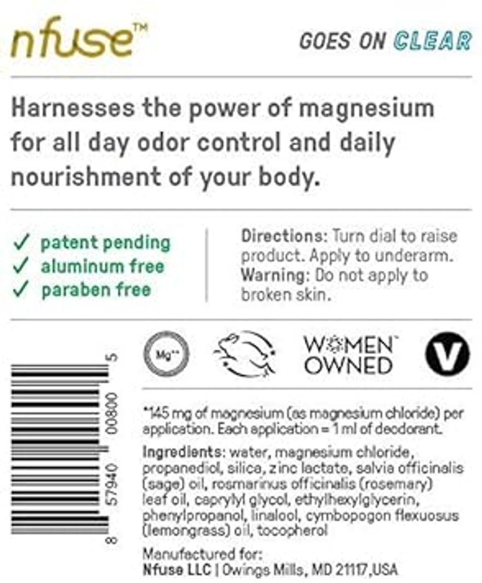 Nfuse Natural Magnesium Gel Deodorant - Pure Usp Grade Magnesium Chloride - Free Of Aluminum, Parabens & Baking Soda - Mountain Air