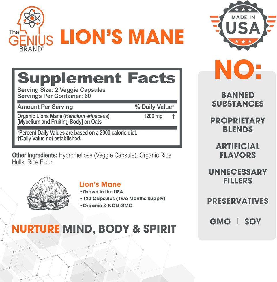 Genius Lions Mane Supplement Capsules - Organic Nootropic Supplement, 1200Mg Per Serving  120 Veggie Pills