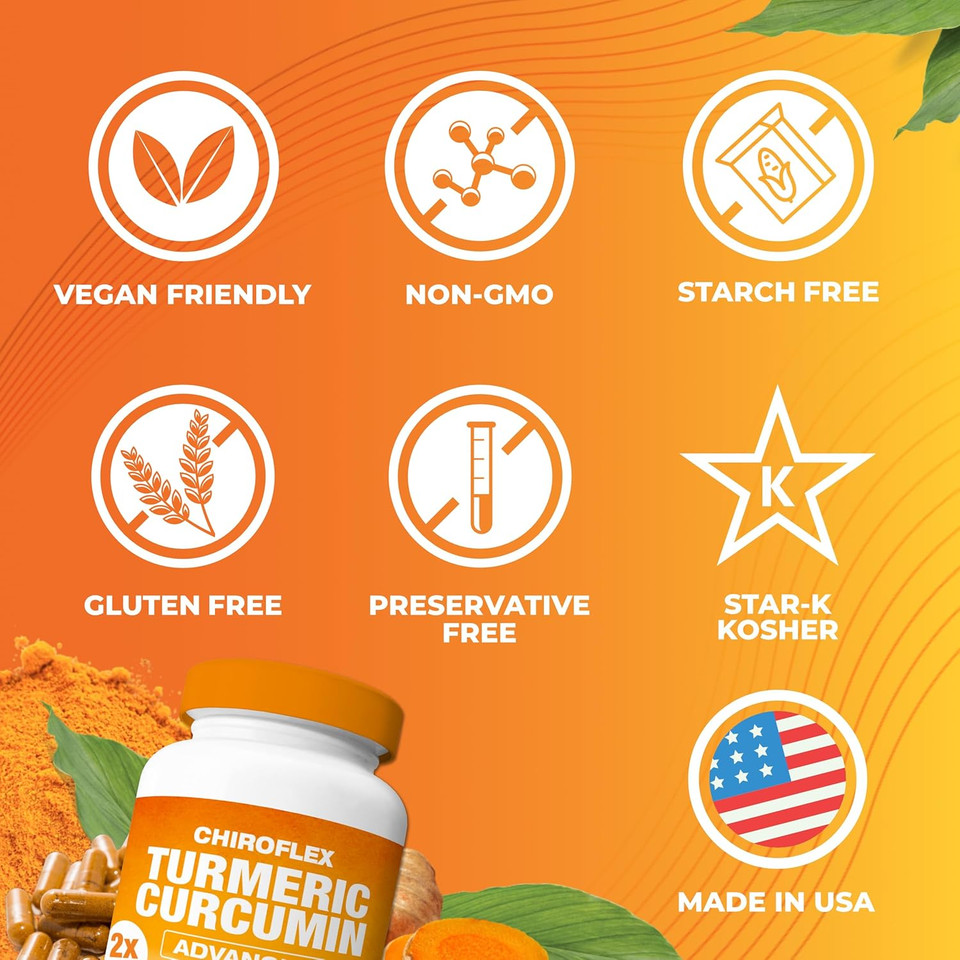 Chiroflex Turmeric And Curcumin Supplements Advanced Capsules, 2X Joint Support Supplement With 95% Standardized Curcuminoids, Tumeric Herbal Extract Vegan Non-Gmo, (60 Caps)